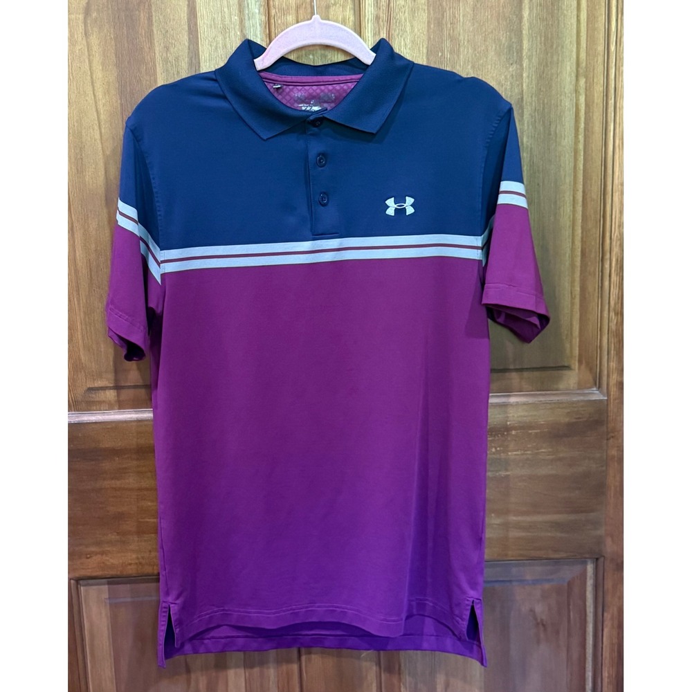 Under Armour Mens Colorblock Golf Polo Shirt Navy Purple Striped 1232907‎ Size M